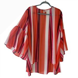 Est. 1946 Womens Striped Open Front Kimono Cardigan Red Orange Bell Sleeve L
